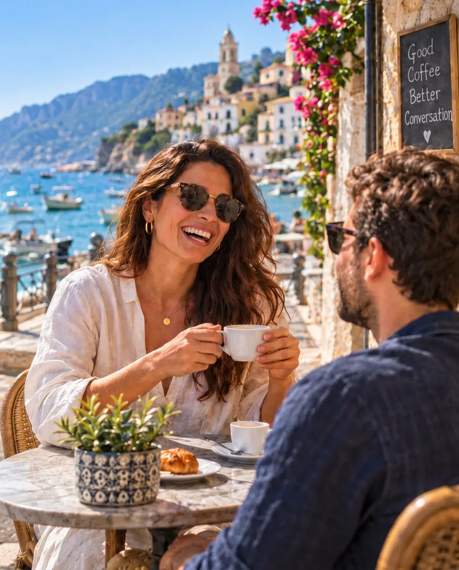 Casal sorrindo e conversando com xícaras de café em uma varanda à beira-mar